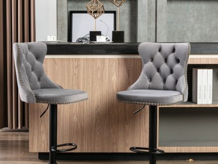 2x Height Adjustable Swivel Bar Stool Velvet Nailhead Barstool with Footrest Online Hot Sale