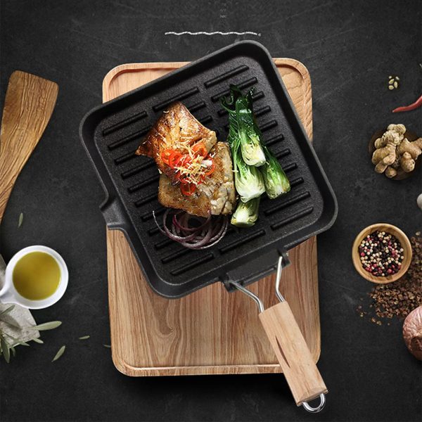 SOGA 28cm Ribbed Cast Iron Square Steak Frying Grill Skillet Pan with Folding Wooden Handle Online