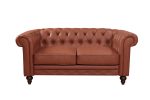 2 Seater Brown Sofa Lounge Button Tufted in Faux Leather For Cheap