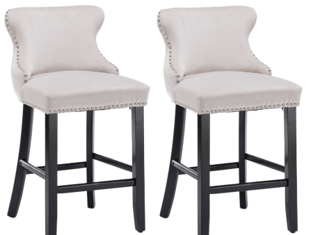 2x Velvet Upholstered Button Tufted Bar Stools with Wood Legs and Studs-Beige Online now