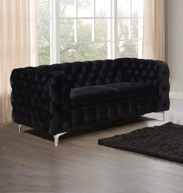 2 Seater Sofa Classic Button Tufted Lounge in Black Velvet Fabric with Metal Legs For Cheap