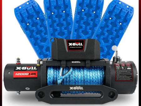 X-BULL 12V Electric Winch 12000LB Synthetic Rope with 4PCS Recovery Tracks Sand Mud Track Gen3.0 Blue Sale