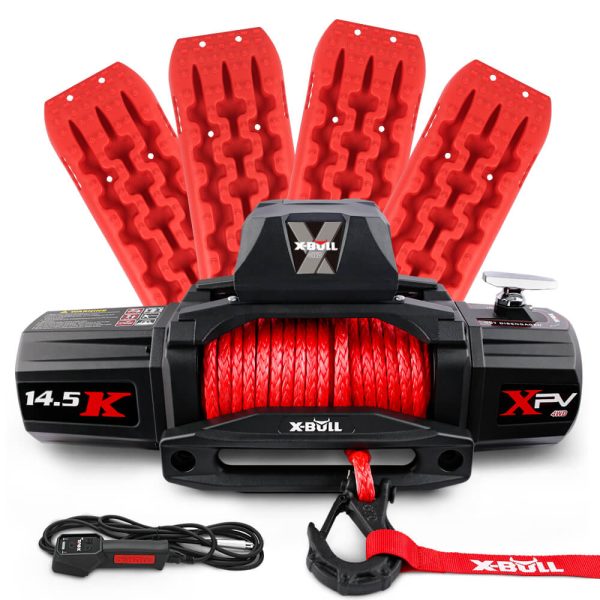 X-BULL 4WD Electric Winch 14500LBS 12V synthetic rope with 2 Pairs Recovery Tracks Gen2.0 Red Sale