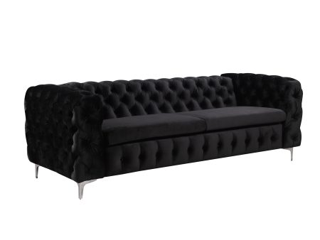 3 Seater Sofa Classic Button Tufted Lounge in Black Velvet Fabric with Metal Legs Cheap