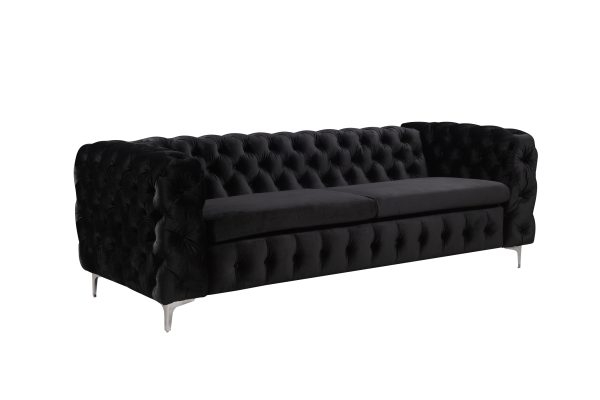 3 Seater Sofa Classic Button Tufted Lounge in Black Velvet Fabric with Metal Legs Cheap