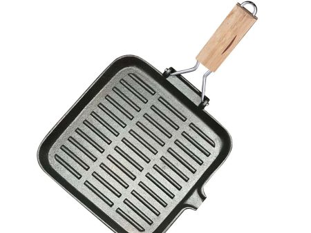 SOGA 28cm Ribbed Cast Iron Square Steak Frying Grill Skillet Pan with Folding Wooden Handle Online