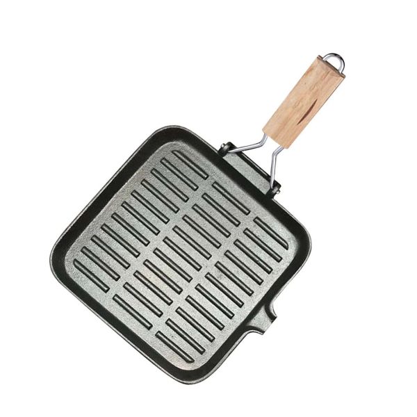 SOGA 28cm Ribbed Cast Iron Square Steak Frying Grill Skillet Pan with Folding Wooden Handle Online