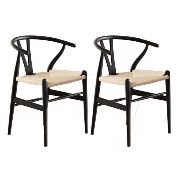 1 Set of 2 Artiss Dining Chairs Wooden Rattan Wishbone Black Supply