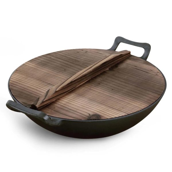 SOGA 36CM Commercial Cast Iron Wok FryPan with Wooden Lid Fry Pan For Cheap