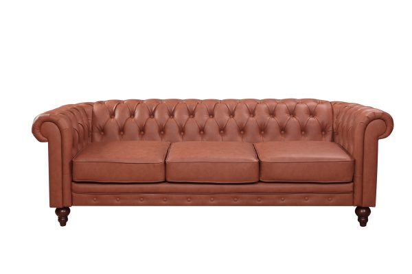 3 Seater Brown Sofa Lounge Button Tufted in Faux Leather Sale